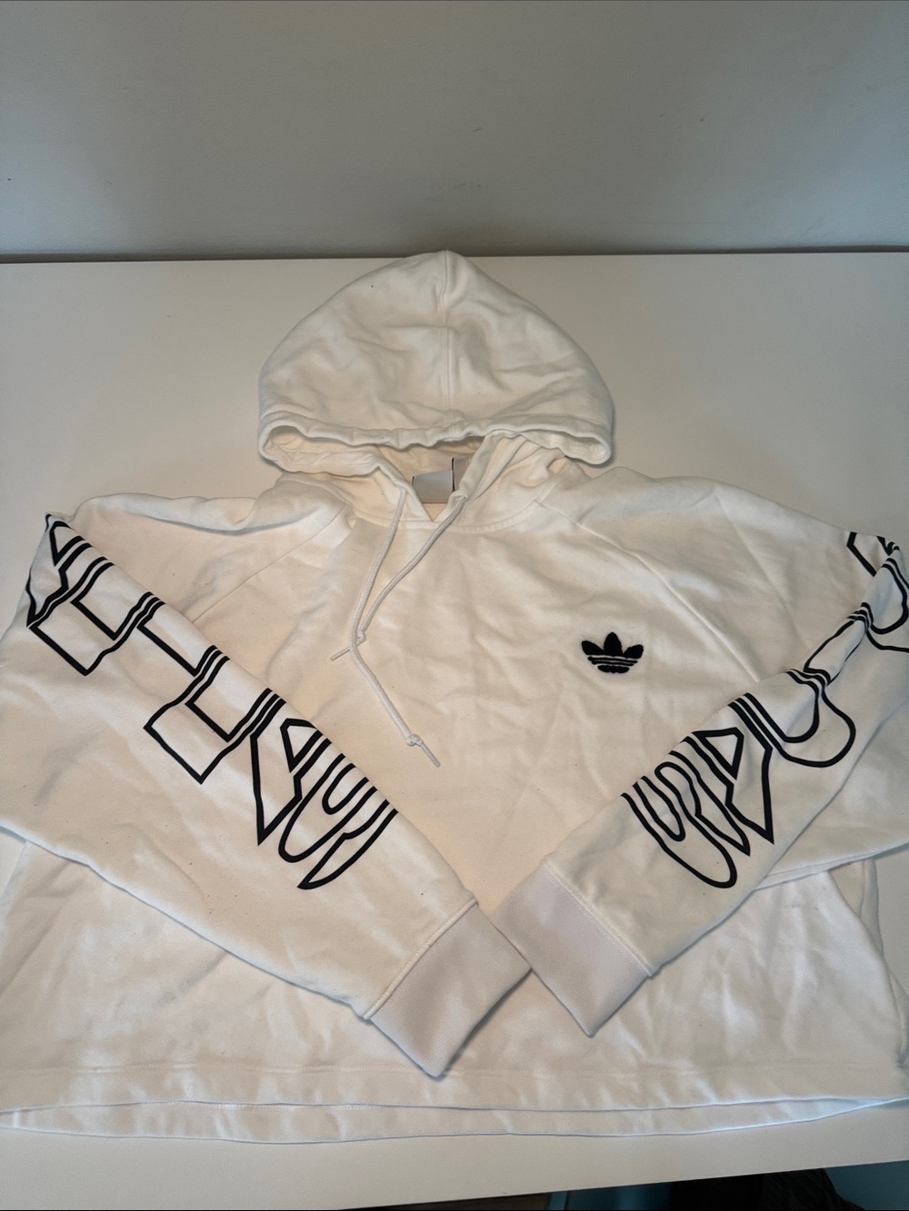adidas cropped White Hoodie with Black Trefoil and Sleeve Logos